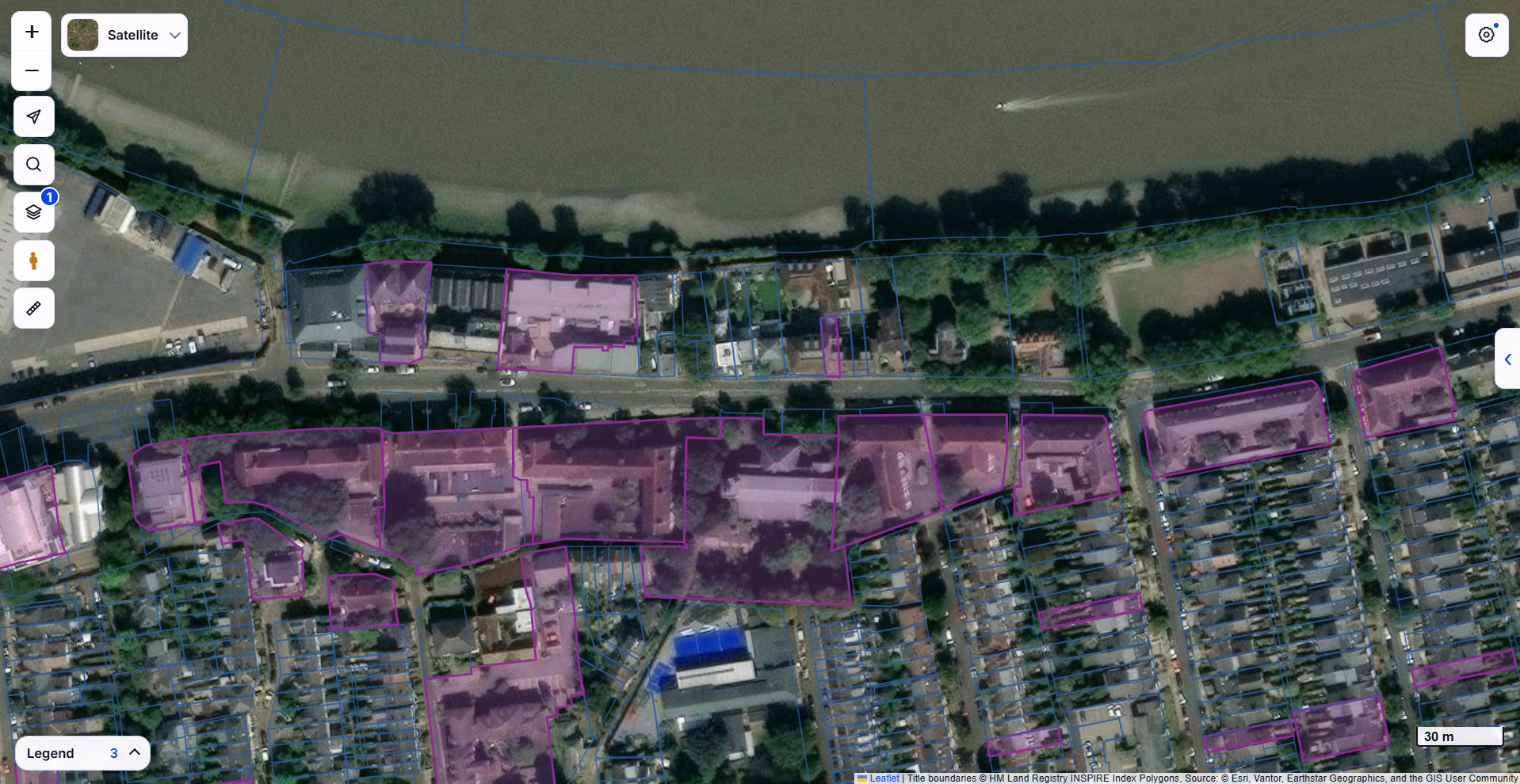 Satellite view of Mortlake High Street with HM Land Registry title boundaries