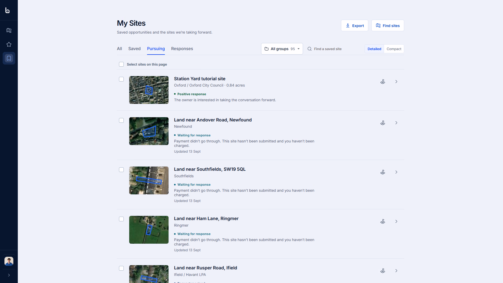 My Sites Pursuing tab with grouped saved sites, site thumbnails and owner response statuses